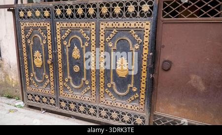 Metalltor mit goldenen Ornamenten und kunstvollen Details. Stockfoto
