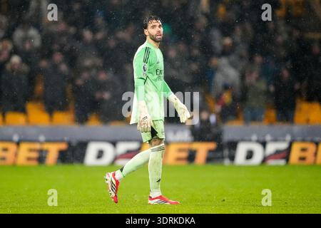 Arsenal-Torhüter David Raya reagiert auf das Premier League-Spiel in Molineux, Wolverhampton. Bilddatum: Mittwoch, 18. Februar 2026. Stockfoto