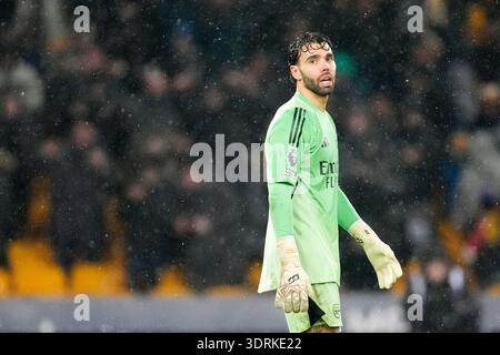 Arsenal-Torhüter David Raya reagiert auf das Premier League-Spiel in Molineux, Wolverhampton. Bilddatum: Mittwoch, 18. Februar 2026. Stockfoto