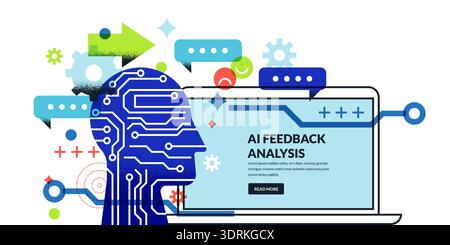 Vektordarstellung der KI-Kundenfeedback-Analyse. Abstrakter Kopf mit Schaltungs-Chip und Laptop mit Bewertungen, Bewertung. Moderne Business-Technologie Stock Vektor