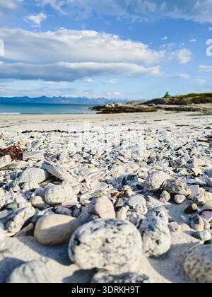 Ruhige Strandlandschaft mit felsiger Küste in Bognes, Lofoten Norwegen unter blauem Himmel Stockfoto