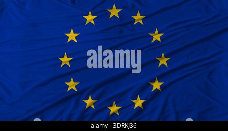 Nahaufnahme der Flagge der Europäischen Union, die winkt. Flagge der Europäischen Union mit Stoffstruktur Stockfoto