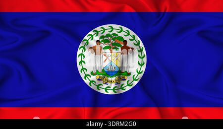 Realistische Belize-Flagge schwenkt. Nahaufnahme der Flagge von Belize mit Stoffstruktur Stockfoto