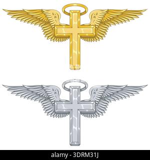 Majestätisches Design eines christlichen Kreuzes mit Flügeln und Halo in Metallic-Gold-Finish. Dieses Bild zeigt ewigen Ruhm, heiligen Luxus und Göttlichkeit t Stock Vektor