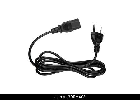 Schwarzes Netzkabel mit europäischem Stecker und IEC C13-Steckverbinder, isoliert auf weiß. Stockfoto