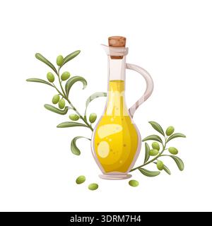 Eine Flasche Olivenöl mit grünen Olivenzweigen Stock Vektor