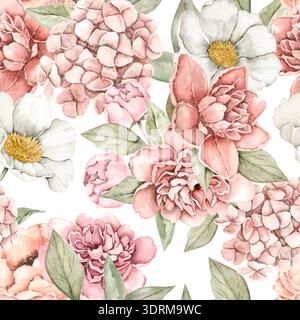 Blumenmuster mit rosa Pfingstrosen-Hortensien und weißen Gänseblümchen mit grünen Blättern. Handgemalte botanische Wiederholung für Stoffpapiere Stockfoto