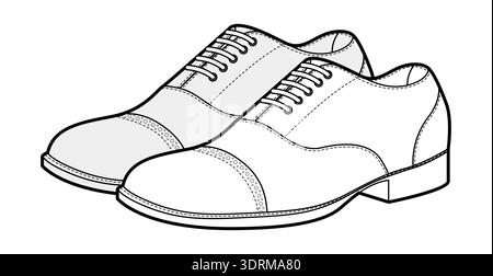 Oxford Herren formelle Schuhe Skizzenpaar. Klassische geschlossene Schnürschuhe aus Leder mit technischer Illustration. Vektor flach CAD Modell Skizze Frauen Unisex Business Stil Umriss isoliert auf weißem Hintergrund. Stock Vektor
