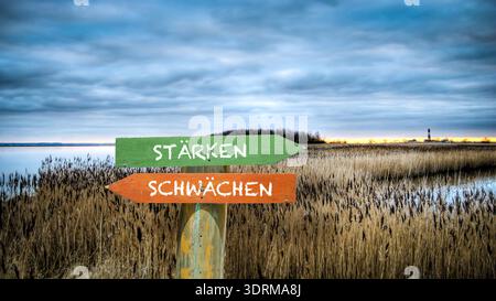 Zeigt den direkten Weg zu Stärken und Schwächen Stockfoto