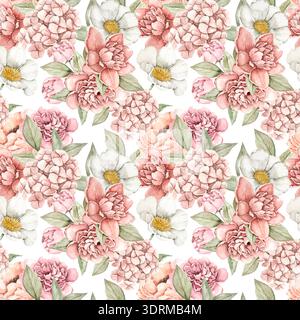 Blumenmuster mit rosa Pfingstrosen-Hortensien und weißen Gänseblümchen mit grünen Blättern. Handgemalte botanische Wiederholung für Stoffpapiere Stockfoto