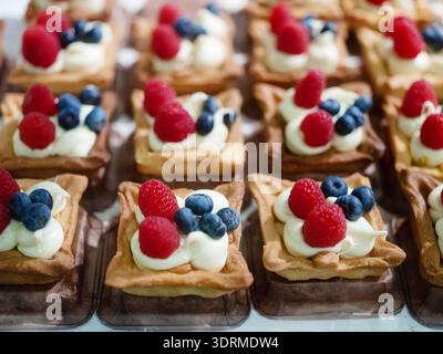 Hausgemachter Kuchen mit frischen Beeren zum Nachtisch - gesunder Bio Sommer Dessert Pie Cheesecake. Süßes Food-Konzept. Stockfoto