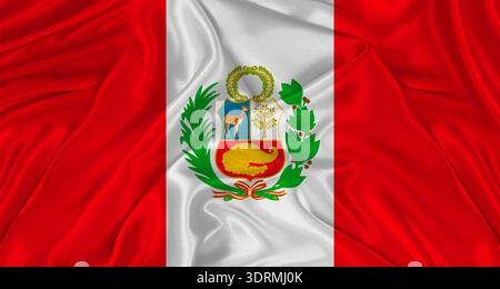 Flagge von Peru mit Stoffstruktur. Nahaufnahme der peruanischen Flagge, die winkt Stockfoto