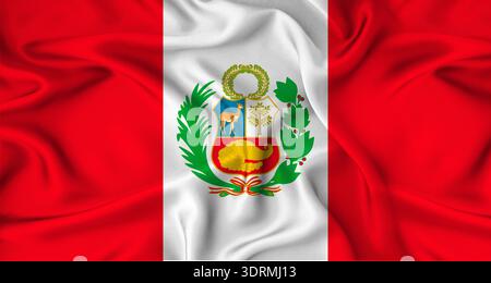 Realistische peruanische Flagge schwenkt. Nahaufnahme der Flagge von Peru mit Stoffstruktur Stockfoto