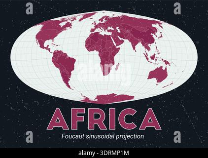 Afrika. Weltkarte. Foucault sinusförmige Projektion mit Fokus auf Afrika. Palette Pale Mint Dark Pink. Vintage-Textur. Stilvolle Vektorillustration. Stock Vektor
