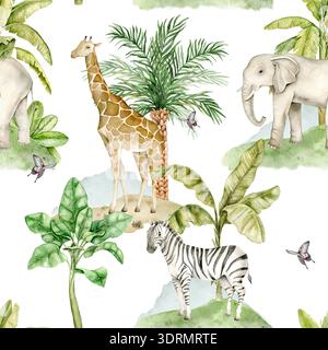 Nahtloses Aquarellmuster mit Giraffen, Elefanten, Zebras, Bananenpalmenblättern und tropischen Pflanzen. Wiederholte Safari-Illustration für Textilien, Tapeten Stockfoto