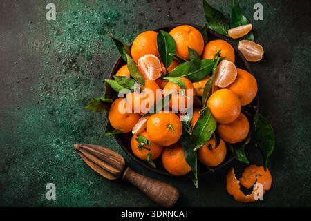Frische Clementinen (Mandarinen) mit Blättern auf dunkelgrünem Hintergrund Stockfoto