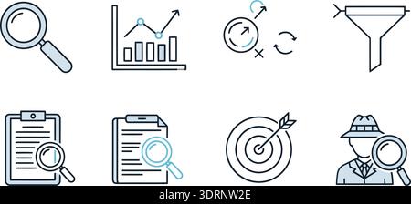 Symbol für Geschäftsanalysen und Forschungslinien mit Lupe, Balkendiagramm, Ziel, Filter, Bericht, und Strategiesymbole, flache Vektorillustration Stock Vektor