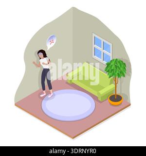 3D Isometrische flache Illustration von Lungenproblemen , Frau mit Herz Lungenproblemen steht in Wohnung Clutching Chest wegen Illne Stockfoto