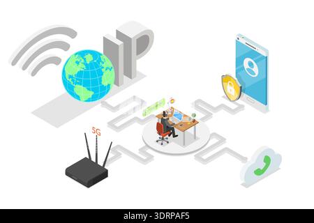 Isometrische 3D-Darstellung der IP-Telefonie, Konzept für Kommunikationstechnologie-Design Stockfoto