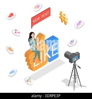 Isometrische 3D-Illustration von digitalem Marketing, Bloggen und sozialen Medien Stockfoto