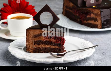 Hausgemachter Schokoladen-Eiskuchen mit Beeren-Kirschen. Selektiver Fokus Stockfoto