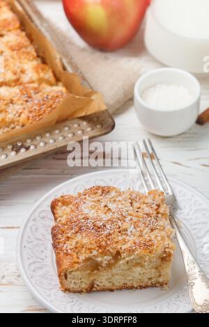 Hausgemachten Apfelkuchen mit Kokosnuss, Zimt und Puderzucker. Traditionelle köstliches Gebäck zum Tee. Selektiver Fokus Stockfoto