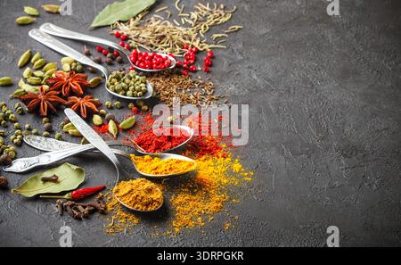 Vielfalt an natürlichen Gewürzen, Gewürzen und Kräutern in Löffeln auf dem Steintisch - Paprika, Curry, Koriander, Kardamom, Kurkuma, RO Stockfoto