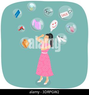 3D Isometrischer flacher Vektor Illustration von Shopaholic Stockfoto