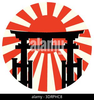 Auffällige Torii-Gate-Silhouette mit strahlendem rotem Sonnenschein, flachem Vektor-Stil und starkem Kontrast Stock Vektor