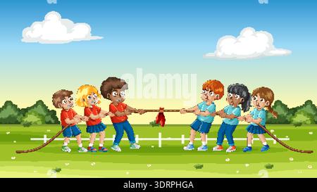 Cartoon-Illustration von zwei Kinderteams, die ein Seil auf einem sonnigen Grasfeld ziehen Stock Vektor