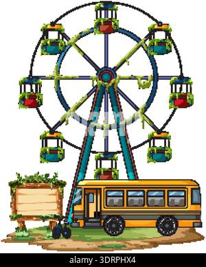 Buntes verlassenes Riesenrad und Schulbus im bewachsenen Vergnügungspark, flache Vektorillustration Stock Vektor