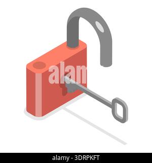 Isometrisches 3D-flaches Symbol für Schloss mit Schlüssel Stockfoto