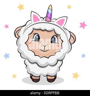 Niedliches Zeichentrickschaf mit Einhorn-Stirnband. Vektorillustration des Tieres auf weißem Hintergrund mit bunten Sternen. Stock Vektor