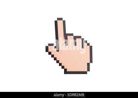 3D-Rendering eines gepixelten Zeigefinger-Cursors im isometrischen Spiel-Asset-Stil mit sanfter globaler Beleuchtung und einem klaren, minimalistischen Look. Stockfoto