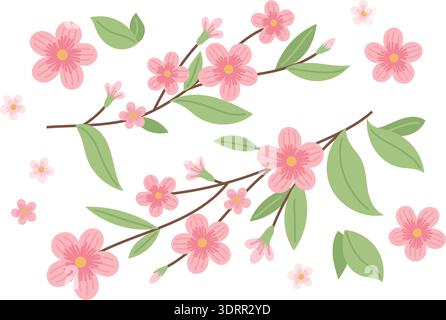 Kirschblüten, Sakura mit Blättern, Frühlingsmotiv. Vektorillustration in niedlichem Stil Stock Vektor