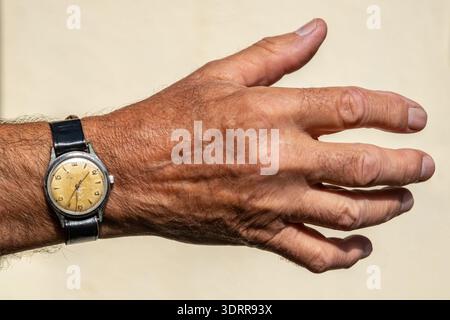 Ein älterer Mann Hand mit einer Vintage Armbanduhr mit schwarzem Lederarmband. Die Textur der Hand zeigt das Alter, mit sichtbaren Falten und Venen, was darauf hindeutet Stockfoto