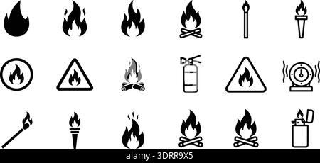 Ikonensammlung abfeuern. Brandsymbol. „Bonfire“-Silhouette. Flammensymbole legen flachen Stil fest - Rohteilvektor. Stock Vektor