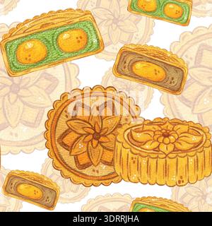 Nahtloses Mooncake-Muster. Chinesisches Herbstfest. Handgezeichnete Aquarellillustration, Zeichentrick. Design für Poster, Aufkleber und Ausdrucke. Backen Stockfoto