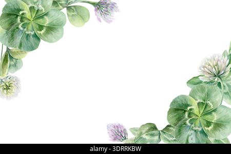Kleeblätter Trefoil und vier Blätter, mit Flieder und weißen Blumen in elegantem Eckrahmen. Aquarellvorlage, symbolisiert Glück und Neuanfang, für Stockfoto