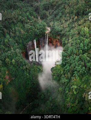 Aus der Vogelperspektive auf die majestätischen Tumpak Sewu Wasserfälle, die durch den pulsierenden grünen Wald kaskadieren und ein mystisches, nebeliges Ambiente schaffen, Lumajang, Jawa Tim Stockfoto