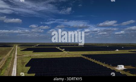 Aus der Vogelperspektive eines riesigen Solarparks, der sich unter hellem Himmel über die Landschaft erstreckt, ein Zeugnis für erneuerbare Energien, West Palm Beach, Florida, United Stockfoto