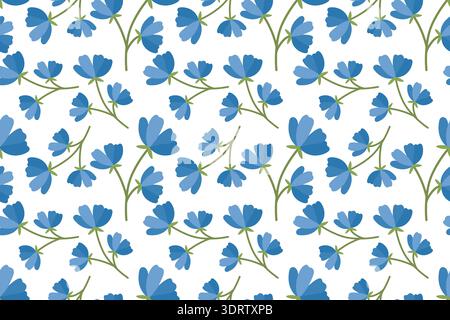 Nahtloses Muster mit blauen Blüten. Frühlings- und Sommerdesign mit leuchtenden Farben. Das grüne Blumenmotiv eignet sich perfekt für Stoff, Karten und Typografie. Stock Vektor