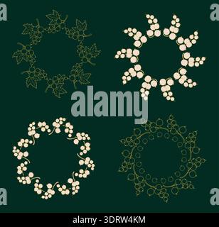 Goldene Beere Johannisbeere Grüne runde Kränze Set. Line Art luxuriöser botanischer Kreisrahmen mit Zweigbeeren und Blättern mit leerem Kopierraum. Isolierte Ve Stock Vektor