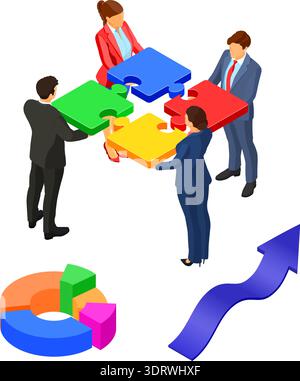 Teamwork-Geschäftsmänner und -Frauen. Partnerschaftliche Zusammenarbeit. Puzzles Infografiken. Diagramm von Geschäftsanalysen. B2B-Hauptbilder. Vorlage für Landing-Page. Stock Vektor