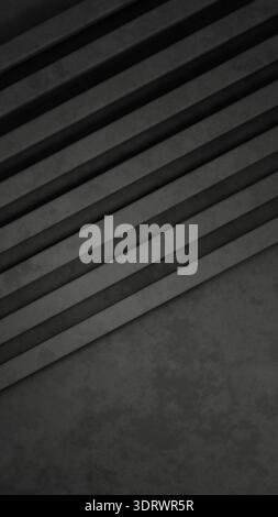 Ein 3D-Rendering minimalistischer Diagonalleisten mit Betonstruktur in dunklem Anthrazit. Sanfte Schatten erzeugen ein stimmungsvolles, architektonisches Gefühl von Tiefe und Stockfoto