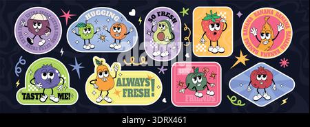 Set mit groovigen Fruchtfiguren im Retro-Stil. Niedliche Sommer-Aufkleber, funky Comic-Doodle-Apfel, Banane, Pfirsich, Avocado und Orange mit ausdrucksstarken Gesichtern. Trendige Label-Kollektion gesunder Lebensmittel Stock Vektor