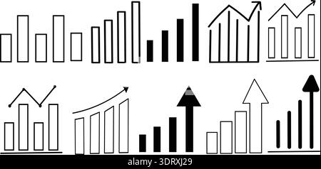 Dieses Bild enthält eine Vielzahl von Balken-, Linien- und Pfeildiagrammen und Diagrammen mit jeweils eindeutigen Formen und Größen, die unterschiedliche Datentrends und darstellen Stock Vektor