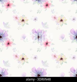 Nahtloses Blumenmuster in Aquarellfarben mit handbemalten rosa, lavendelfarbenen und zarten gelben Blüten mit zarten Blättern auf hellem Hintergrund. Romantisch Stockfoto
