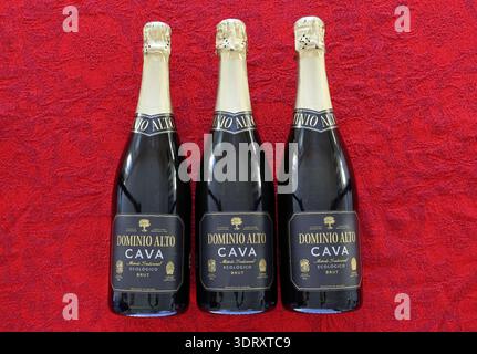 Cava Weißwein. Dominio Alto. Brut. Prickelndes Getränk. Dunkle Flasche. Aus Spanien. Roter Stoffhintergrund. Stockfoto