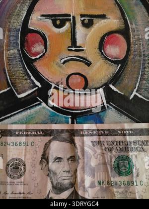 Eine Nahaufnahme einer 5-US-Dollar-Banknote auf einem professionellen handgemalten Kunstwerk. Dieses Bild symbolisiert den finanziellen Schnittpunkt zwischen der aktuellen Währung Stockfoto